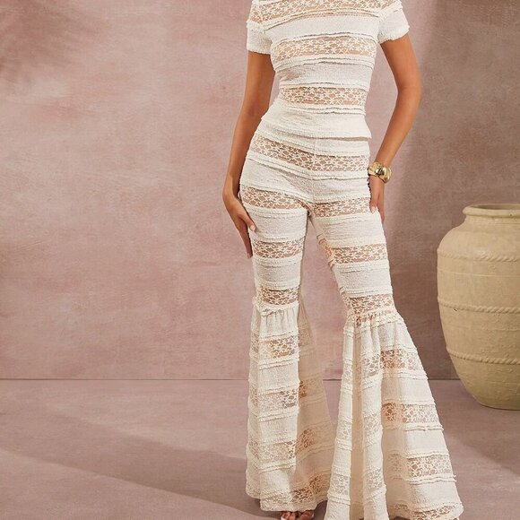 boho women's Mixed Fabric Lace Top & Flared Pants Two Pieces Set - Picture 5 of 7